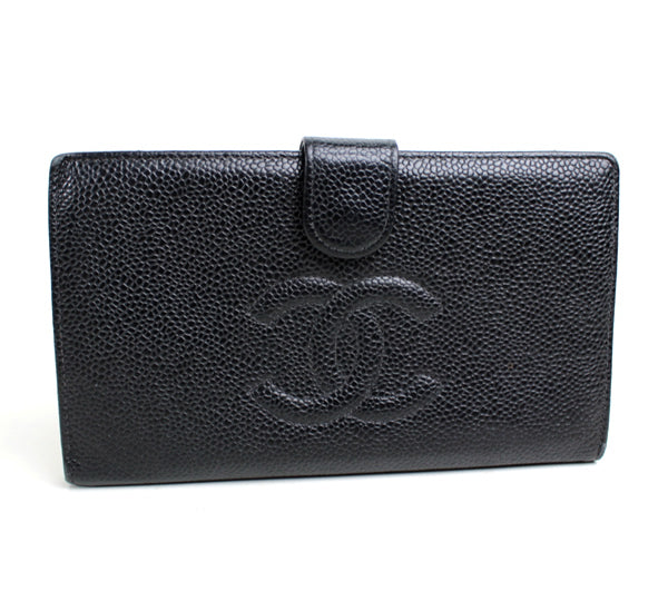 CHANEL wallet Bi-fold wallet long wallet black Caviar skin a018【USED】