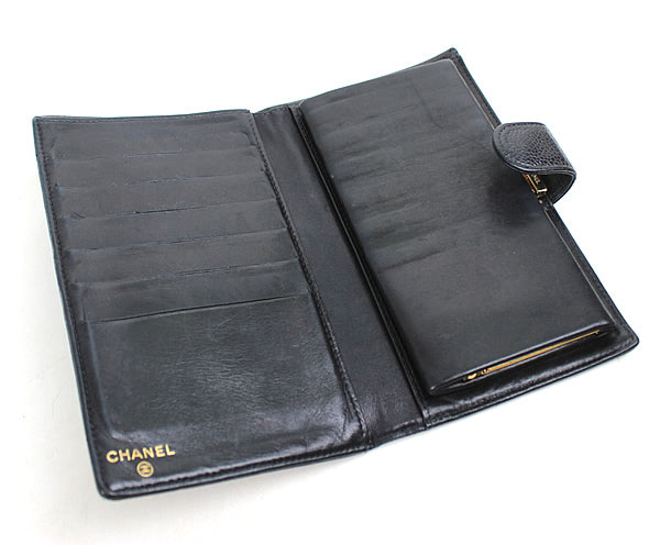 CHANEL wallet Bi-fold wallet long wallet black Caviar skin a018【USED】